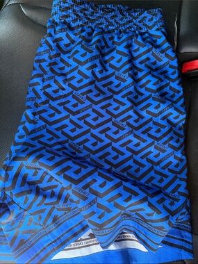 Versace Royal Blue and Black Geometric Logo Swim Shorts